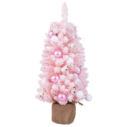 LIVSK Mini Kunstkerstboom 90 cm - Voorgedecoreerd met 12 Katoenen Kerstballen - Vlamvertragend - Cementen Voet - Roze