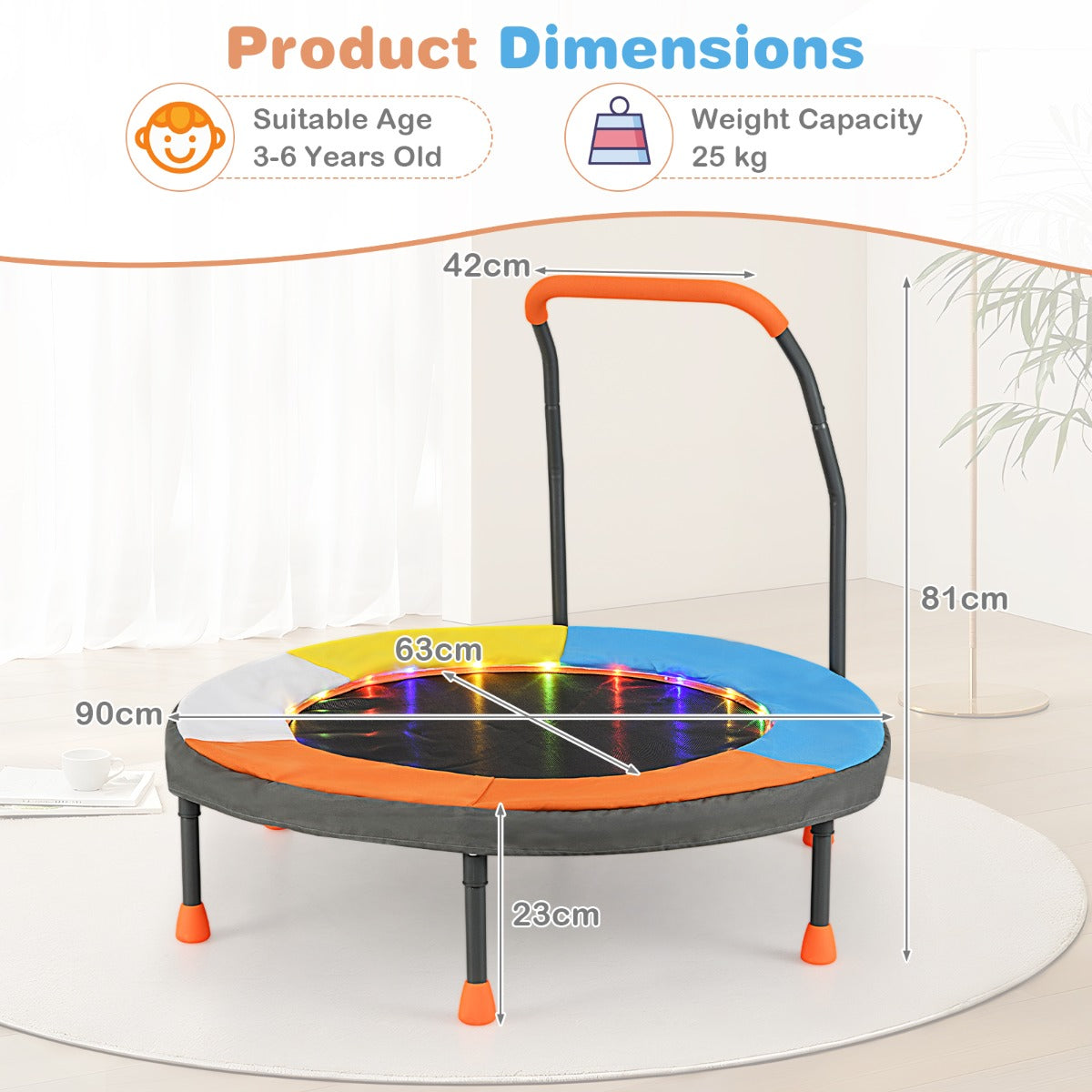 LIVSK Mini Trampoline met LED-verlichting - Veerloos Ontwerp met 20 Spanbanden - Veiligheidskenmerken - Voor Kinderen van 3 -