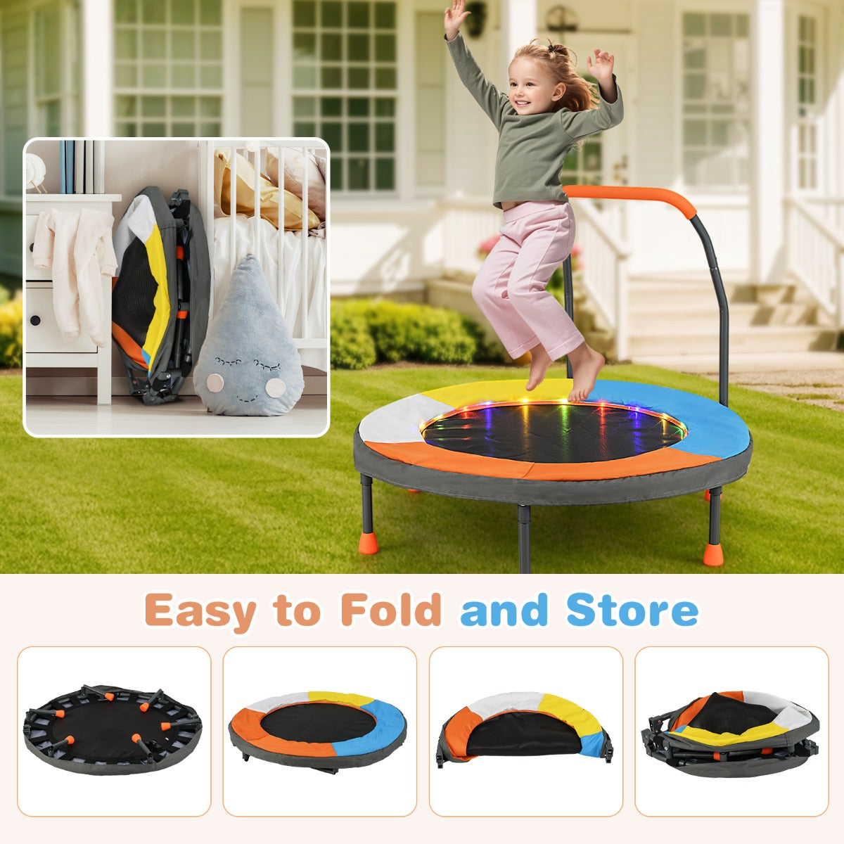 LIVSK Mini Trampoline met LED-verlichting - Veerloos Ontwerp met 20 Spanbanden - Veiligheidskenmerken - Voor Kinderen van 3 -