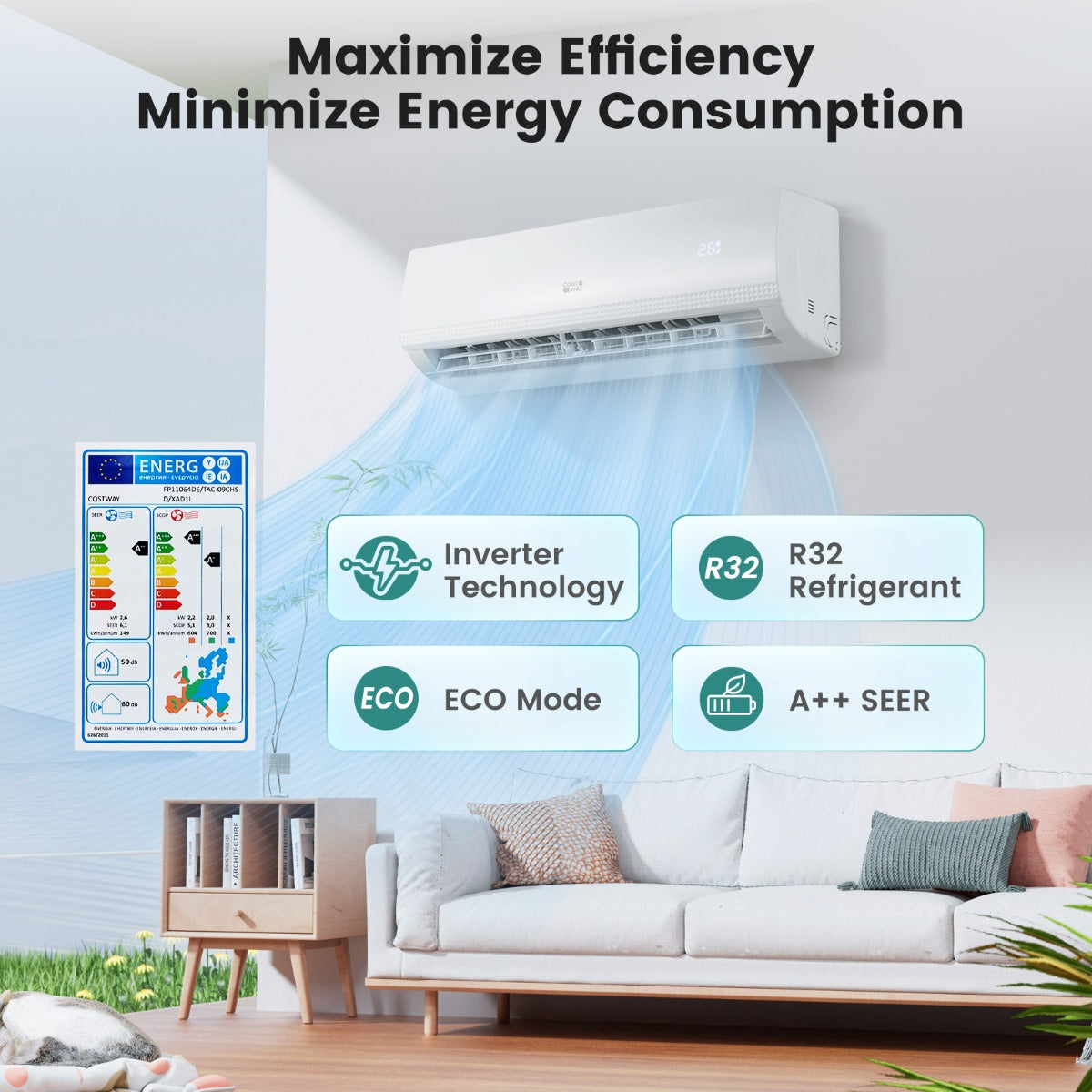 LIVSK Mini Split Airconditioner - 9000 BTU voor Ruimtes tot 42 m² - A++ Energieklasse - 7 Modi - Stille Werking - Wit