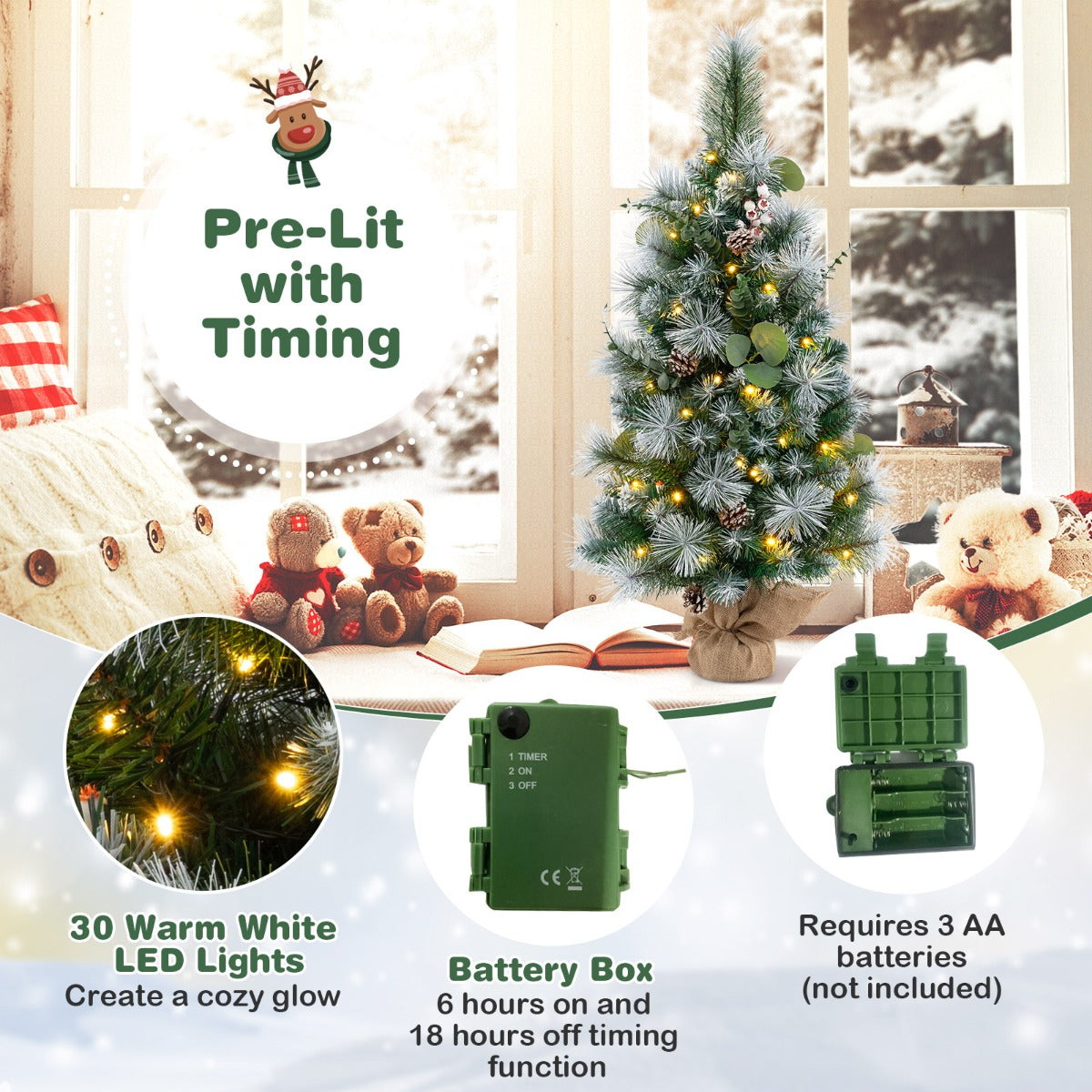 LIVSK Kunstkerstboom - Voorverlicht met 30 LED-lampjes - 98 Takuiteinden - Compact voor Kleine Ruimtes - Groen + Wit