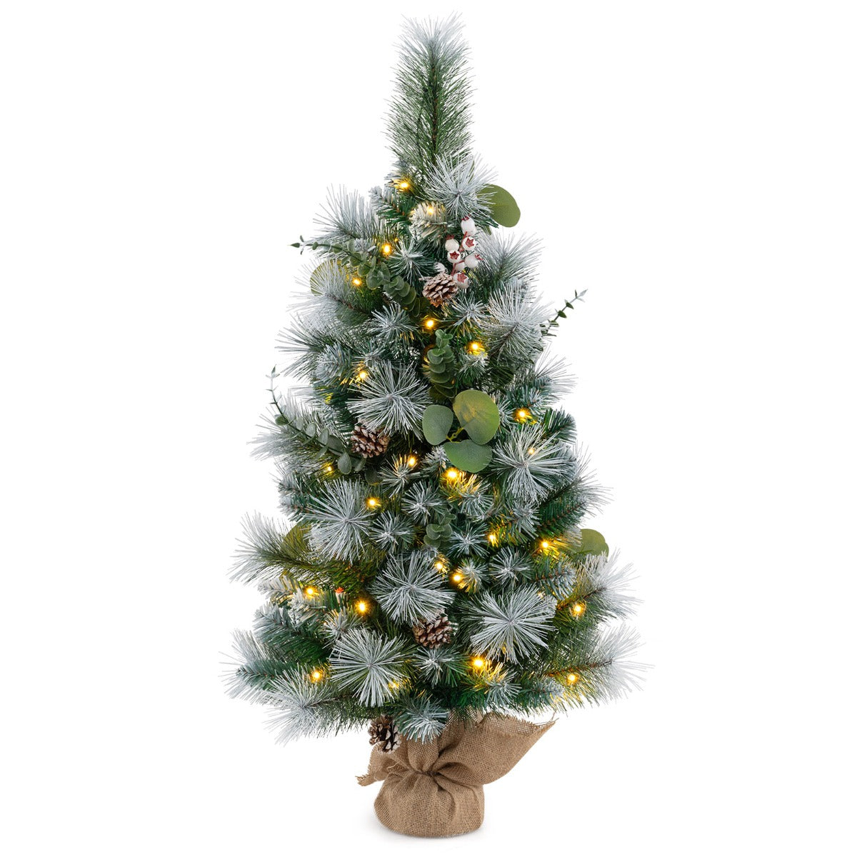 LIVSK Kunstkerstboom - Voorverlicht met 30 LED-lampjes - 98 Takuiteinden - Compact voor Kleine Ruimtes - Groen + Wit