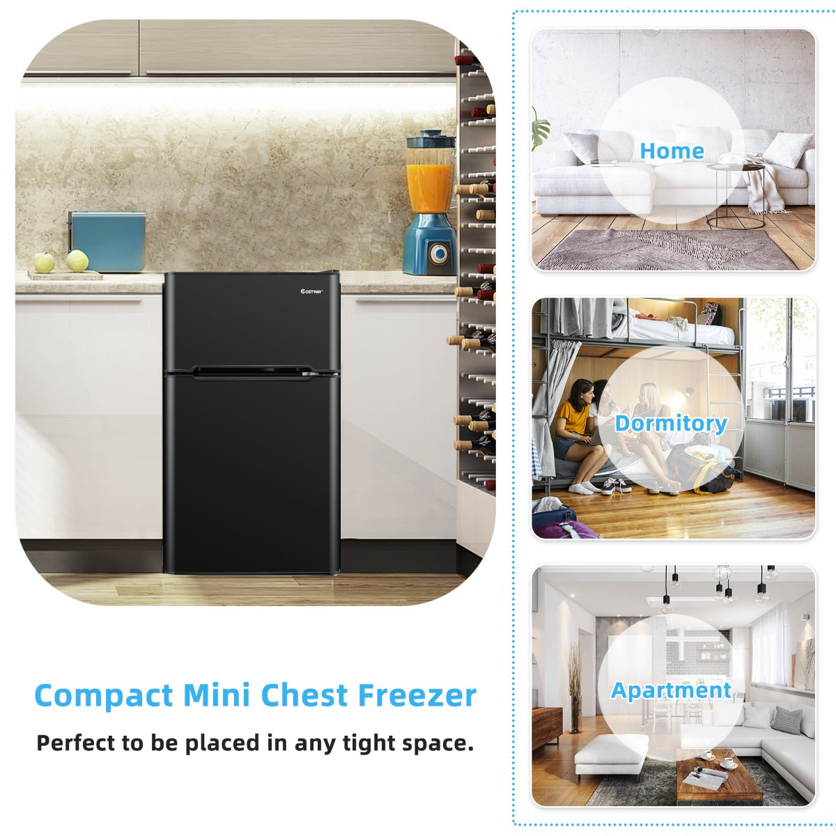 LIVSK Compacte Koelkast met Aparte Vriezer - Omkeerbare Deuren - 90L Inhoud - 7 Temperatuuraanpassingen - Energiezuinig - Zwart