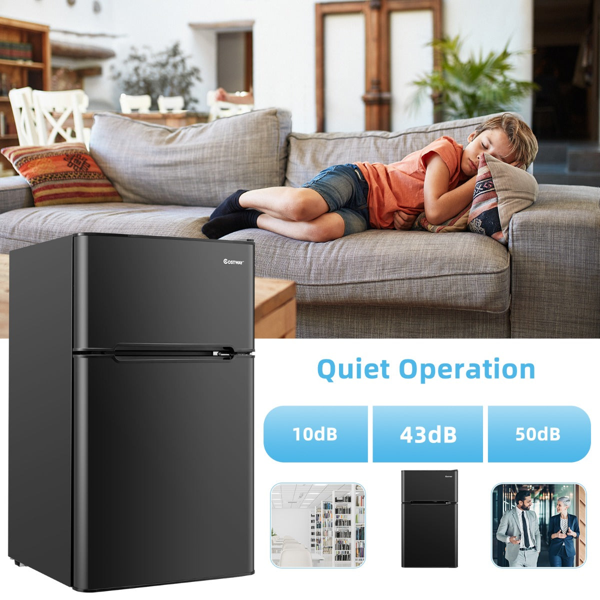 LIVSK Compacte Koelkast met Aparte Vriezer - Omkeerbare Deuren - 90L Inhoud - 7 Temperatuuraanpassingen - Energiezuinig - Zwart