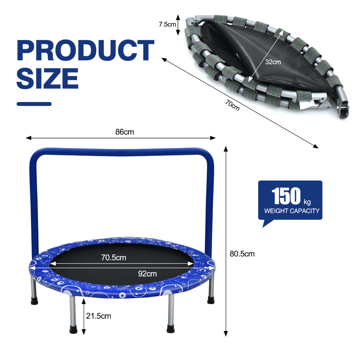 LIVSK Kindertrampoline 92 cm - Veiligheidsafdekking - Geluidsarm - Antislip - Voor Peuters - Blauw