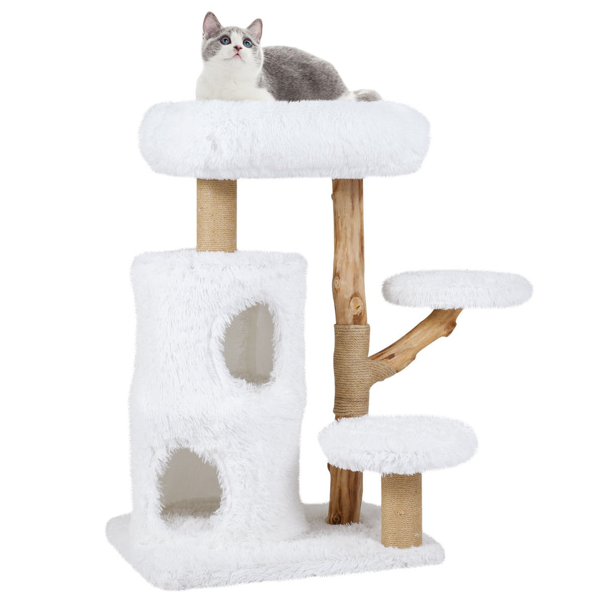 Livsk costway 93 cm krabpaal kattenhuis met 2 verdiepingen zacht uitkijkplatform bovenop en beklede platforms