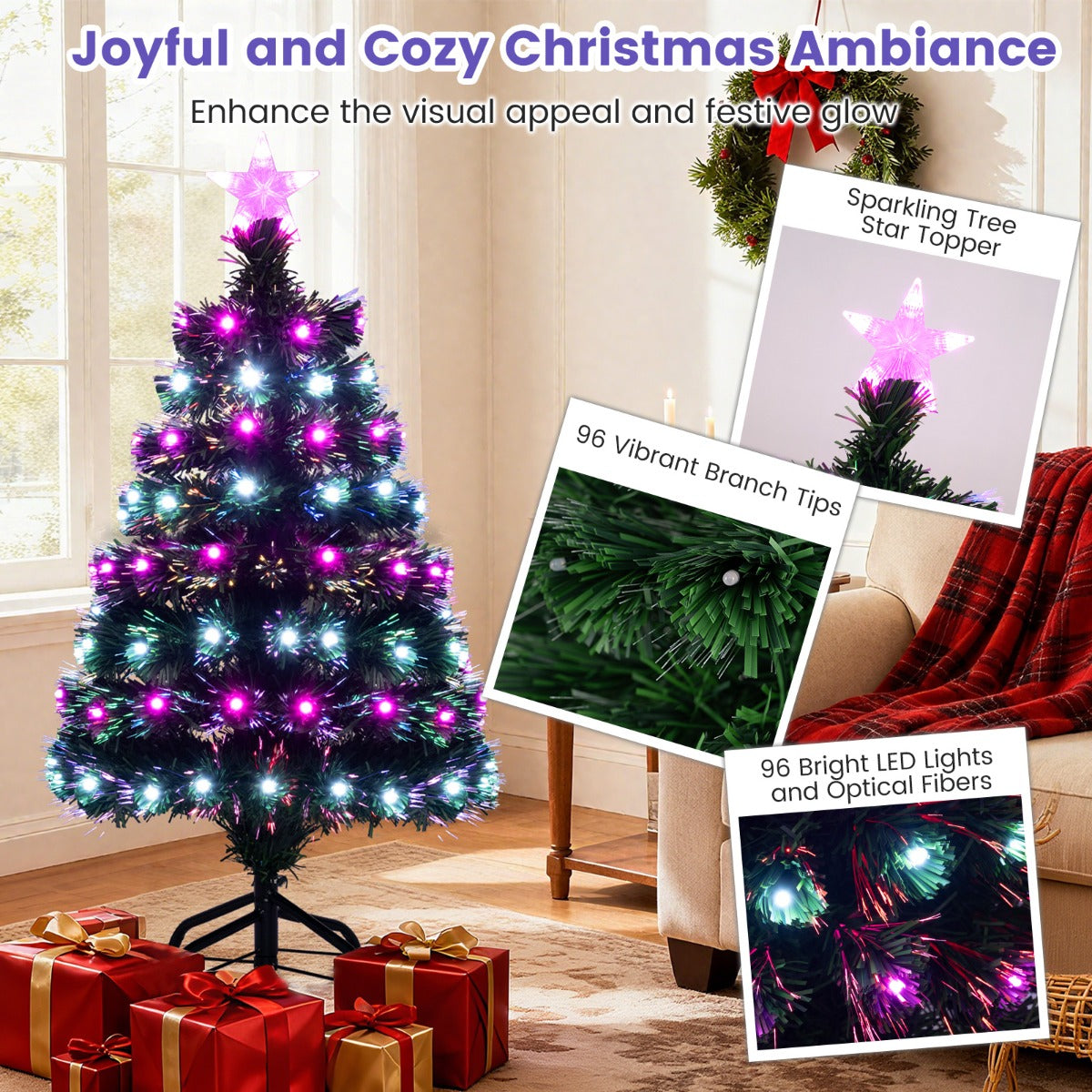 LIVSK Glasvezelkerstboom - Verlicht met 8 Modi - 96 Takpunten - Vlamvertragend PVC - Metalen Voet - 93 cm - Groen