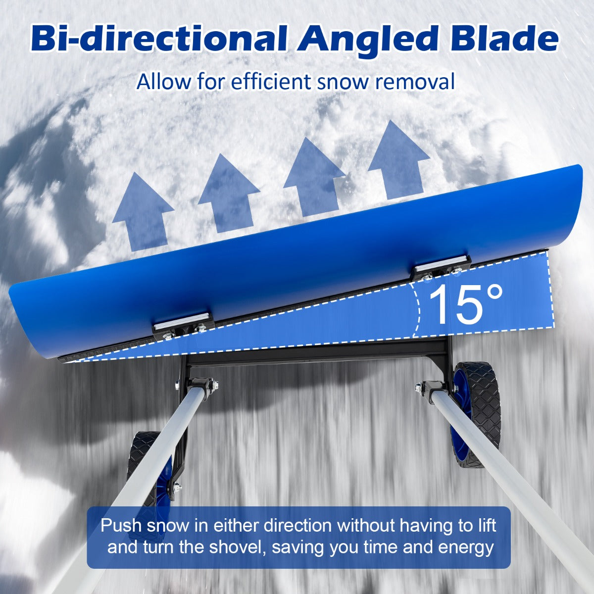 LIVSK Sneeuwschuiver - Omkeerbaar Blad 95 cm - Verstelbare Handgreep 90-120 cm - Antislip Wielen - Blauw