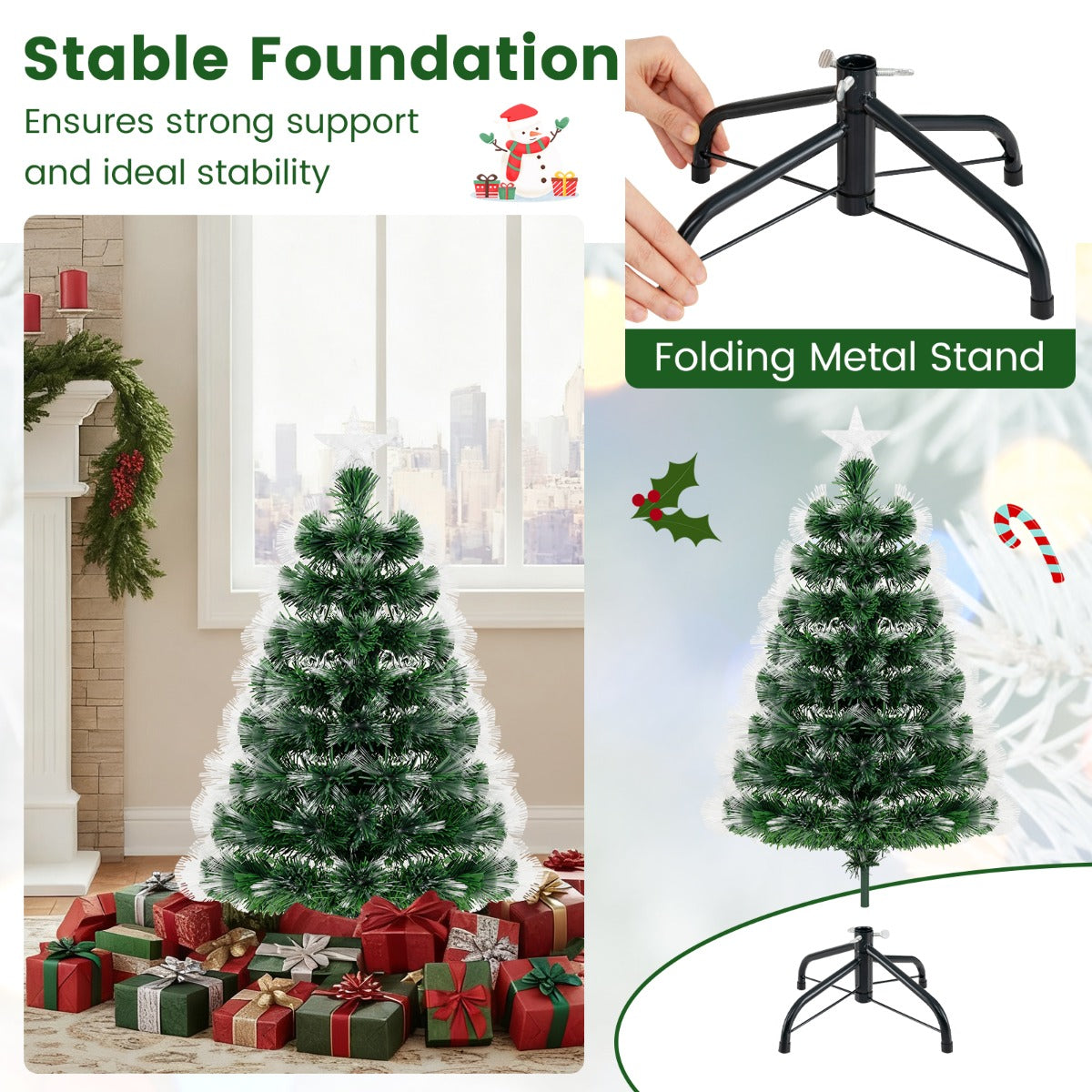 Livsk costway 95 cm kunstmatige kerstboom van glasvezel met 93 takken voorzien van een ster als topversiering groen 3