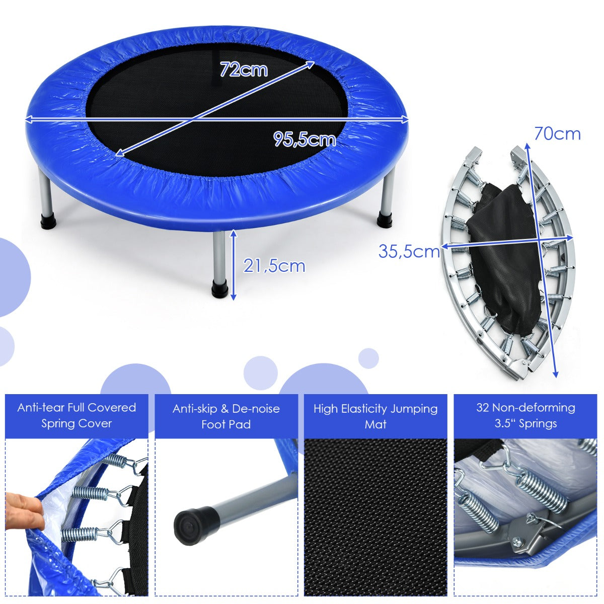 LIVSK Opvouwbare Trampoline - Draagbaar en Stabiel - 150 kg Draagvermogen - Veiligheidsafgeronde Gespen - Blauw