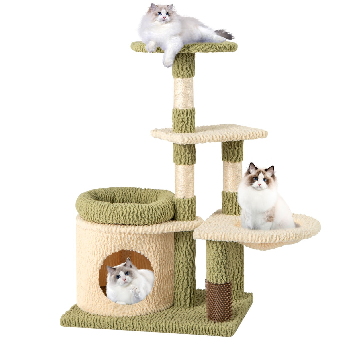 LIVSK Luxe Kattenboom - 97 cm Hoog - Meerdere Verdieningen - Krabpalen van Sisal - Verzorgingsborstel - Groen-Wit