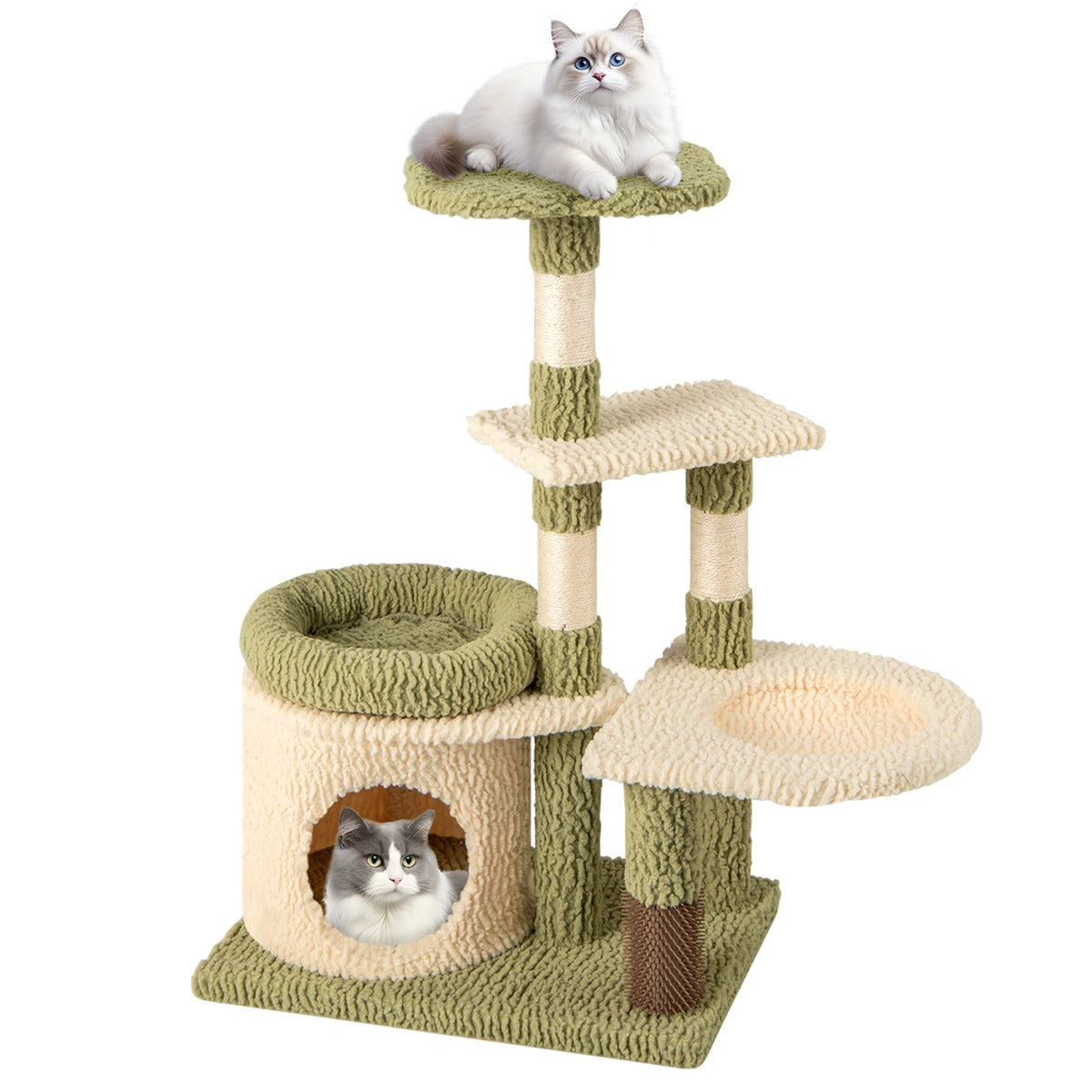 LIVSK Luxe Kattenboom - 97 cm Hoog - Meerdere Verdieningen - Krabpalen van Sisal - Verzorgingsborstel - Groen-Wit