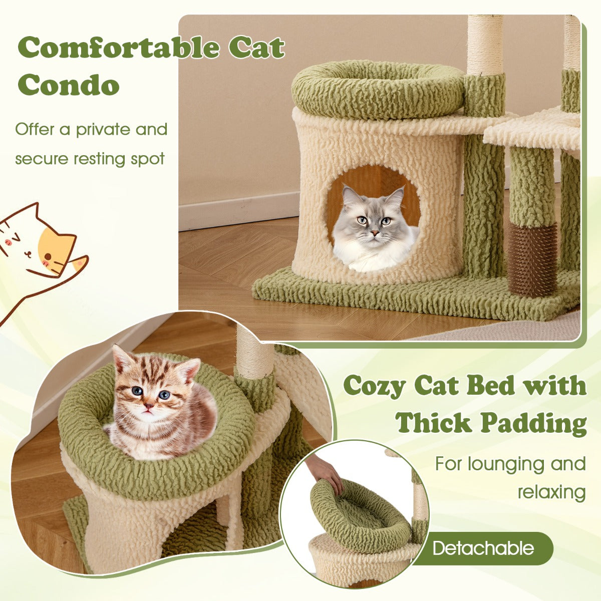 LIVSK Luxe Kattenboom - 97 cm Hoog - Meerdere Verdieningen - Krabpalen van Sisal - Verzorgingsborstel - Groen-Wit