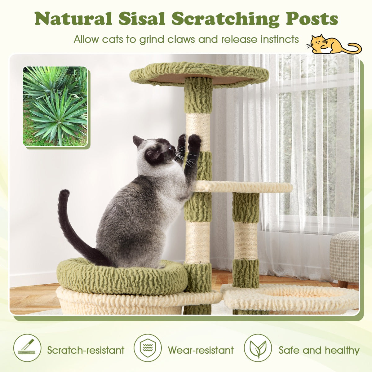 LIVSK Luxe Kattenboom - 97 cm Hoog - Meerdere Verdieningen - Krabpalen van Sisal - Verzorgingsborstel - Groen-Wit