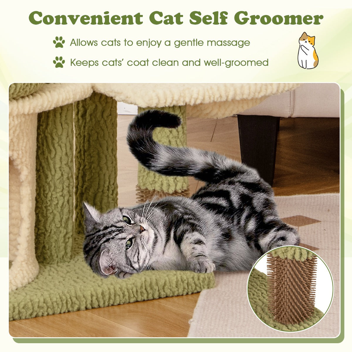 LIVSK Luxe Kattenboom - 97 cm Hoog - Meerdere Verdieningen - Krabpalen van Sisal - Verzorgingsborstel - Groen-Wit