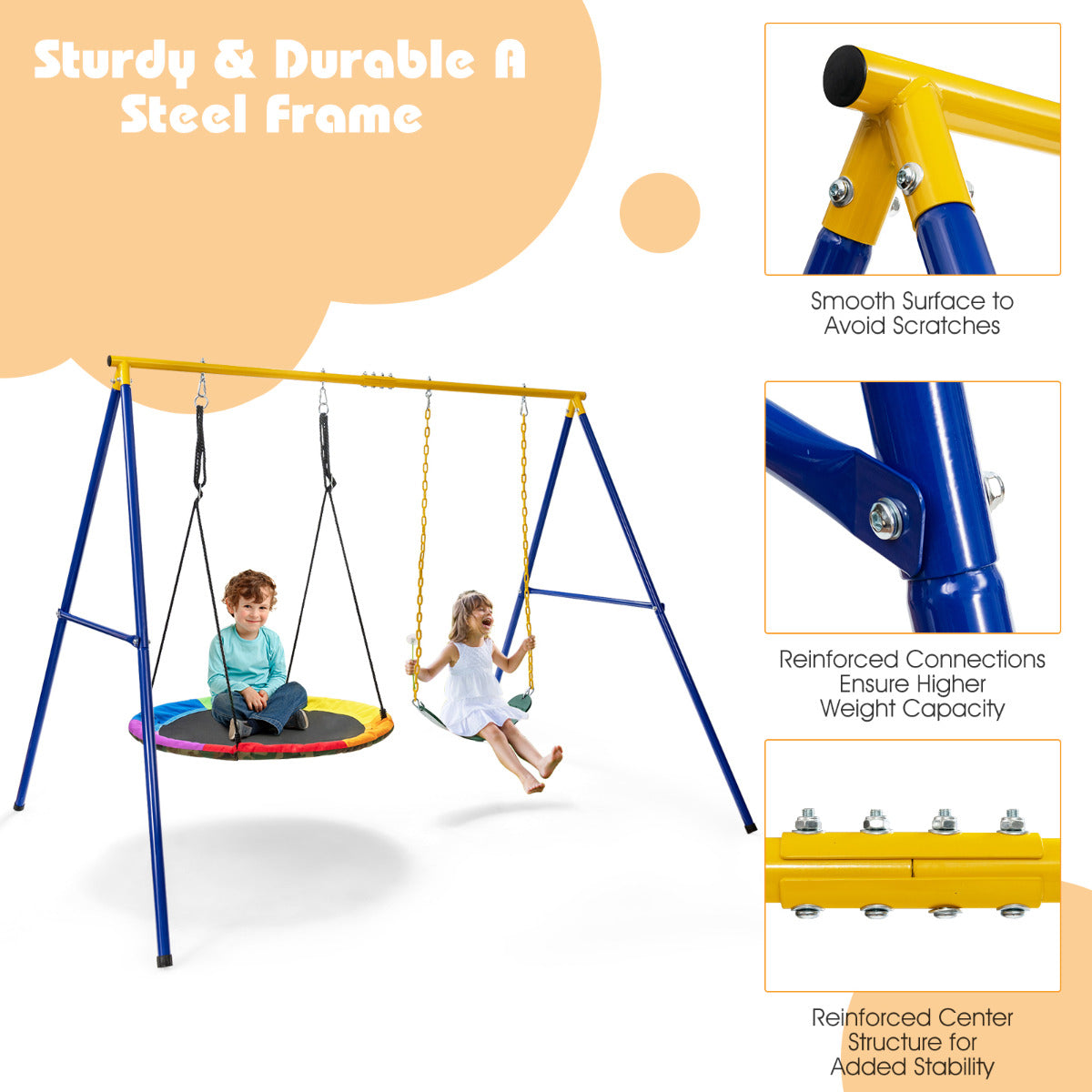 LIVSK A-frame Schommelstandaard - Robuust Staal - Voor Binnen en Buiten - Tot 300 kg - Inclusief Karabijnhaken - Blauw en Geel