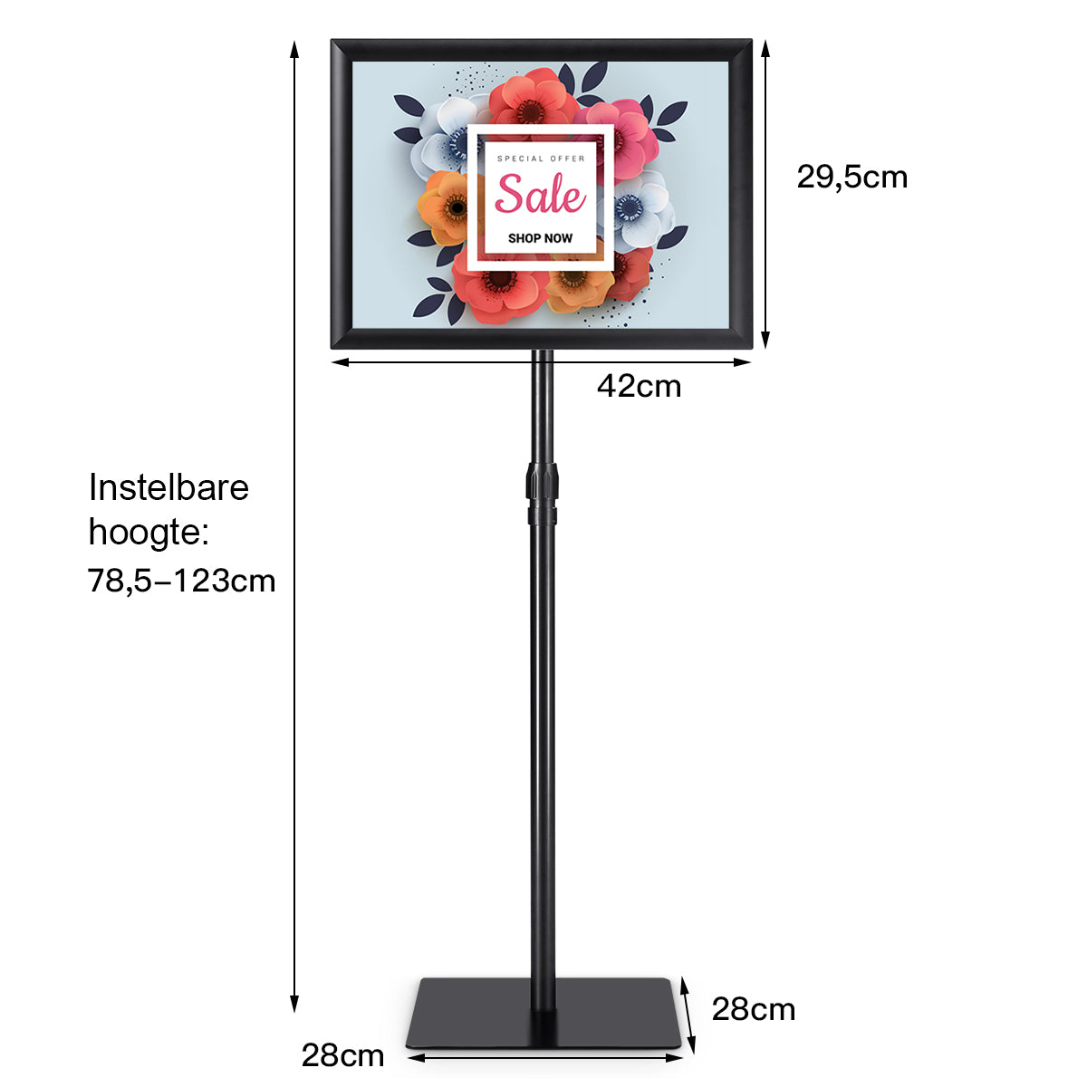 LIVSK Verstelbaar Stoepbord voor Poster - Kliklijst - Vloerstandaard - Hoogte 78,5-123 cm - Stevige Constructie - Zwart