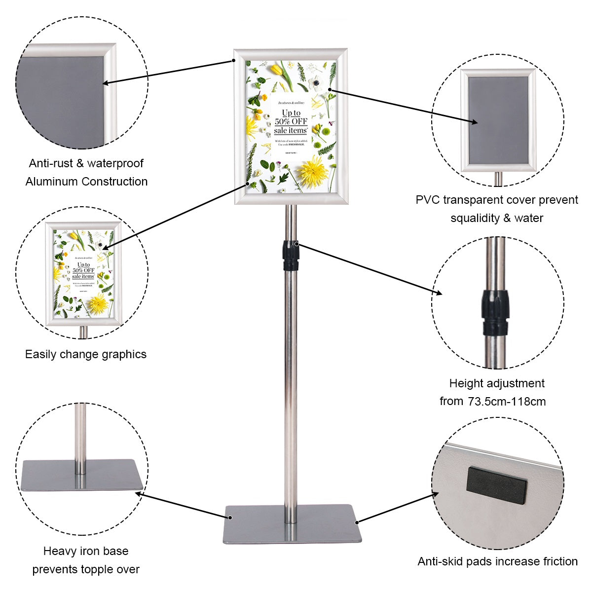 LIVSK Set van 2 Verstelbare Presentatiestandaards - Hoogte 74-118 cm - Duurzaam Aluminium - 360° Rotatie - Zilver