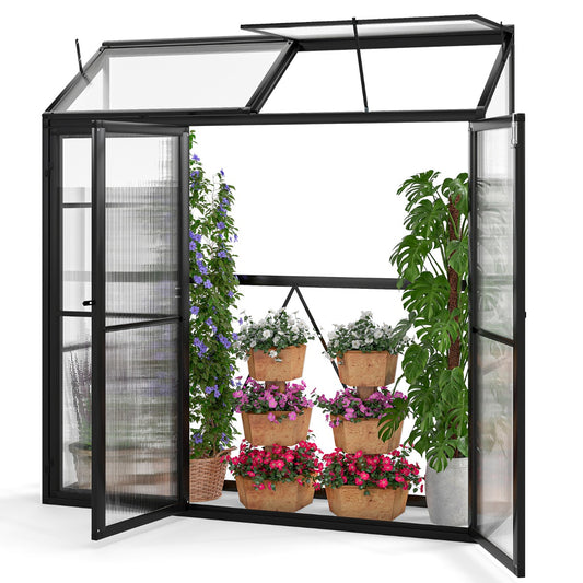 LIVSK Tuinserre met Dakraam - Hoogwaardige PC-panelen - 3 Afsluitbare Deuren - Aluminiumframe - 180 x 52 x 190 cm - Zwart