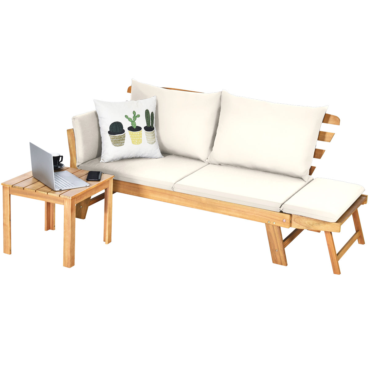 LIVSK Tuinligstoel - Inklapbaar met Verstelbare Armleuningen - Acaciahout - Comfortabele Zit- en Ligervaring - Wit