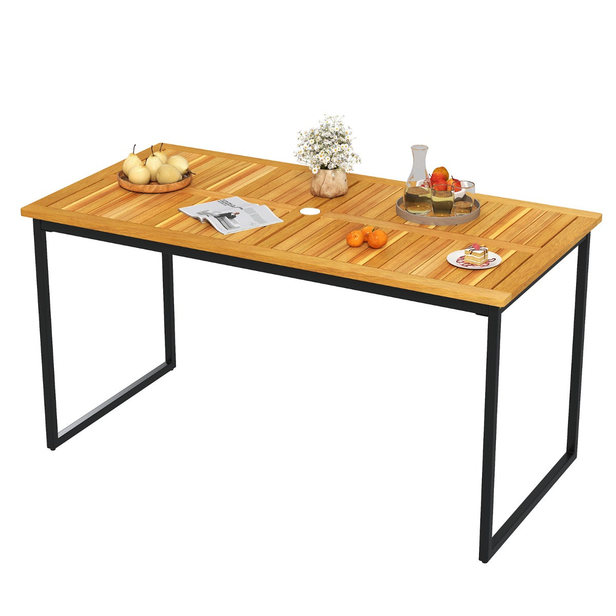 LIVSK Eettafel voor Buiten - Acaciahout met Metalen Frame - Parasolgat - Voor 6 Personen - 140 x 70 x 70 cm - Natuur + Zwart
