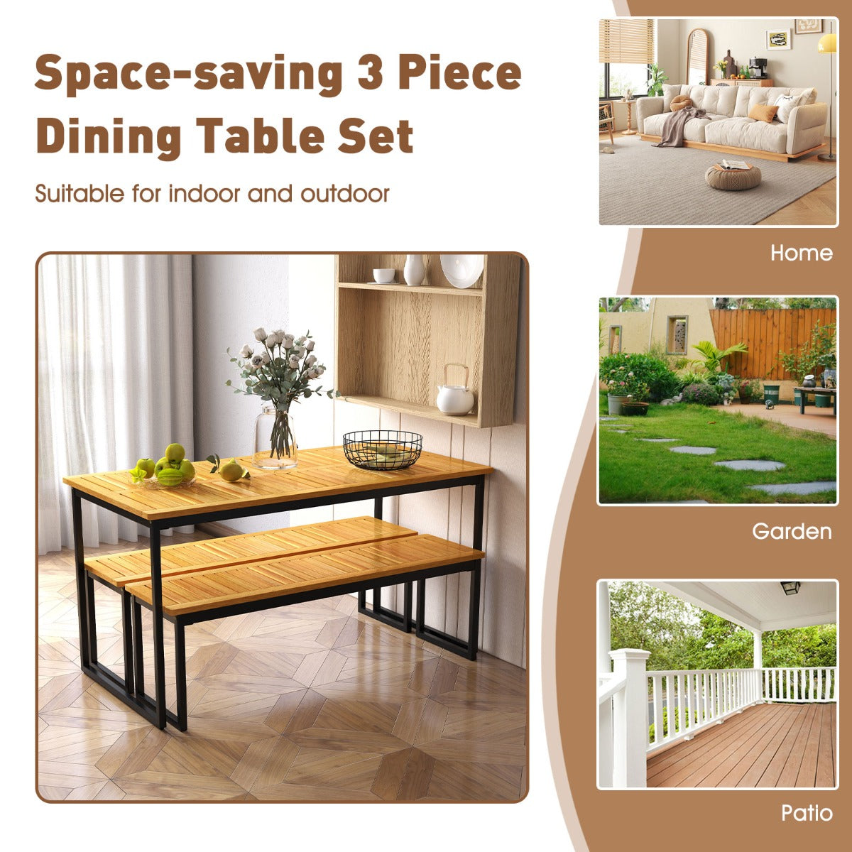 LIVSK Eettafel voor Buiten - Acaciahout met Metalen Frame - Parasolgat - Voor 6 Personen - 140 x 70 x 70 cm - Natuur + Zwart