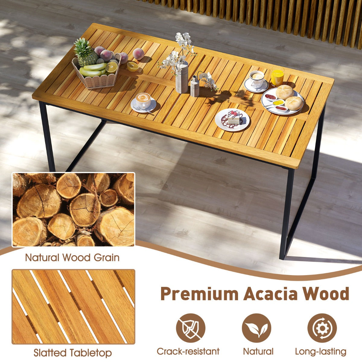 LIVSK Eettafel voor Buiten - Acaciahout met Metalen Frame - Parasolgat - Voor 6 Personen - 140 x 70 x 70 cm - Natuur + Zwart