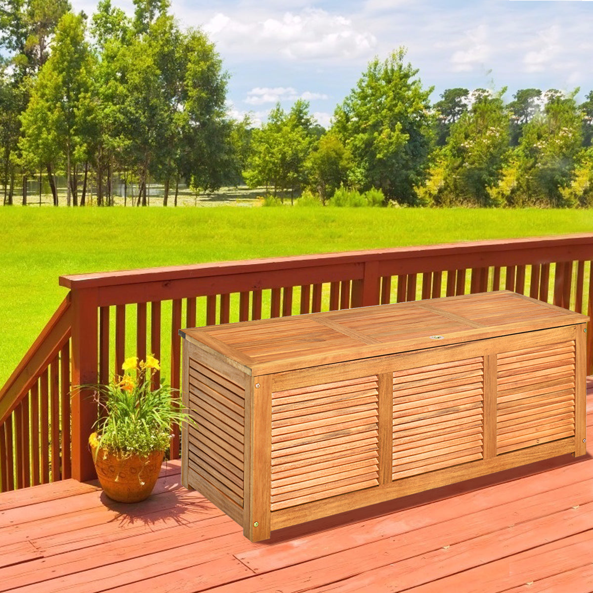 LIVSK Acaciahouten Opbergbox - Duurzaam met Teakolie Coating - Ruimte voor Tuinbenodigdheden - Zitbank voor 2 Personen - Natuur