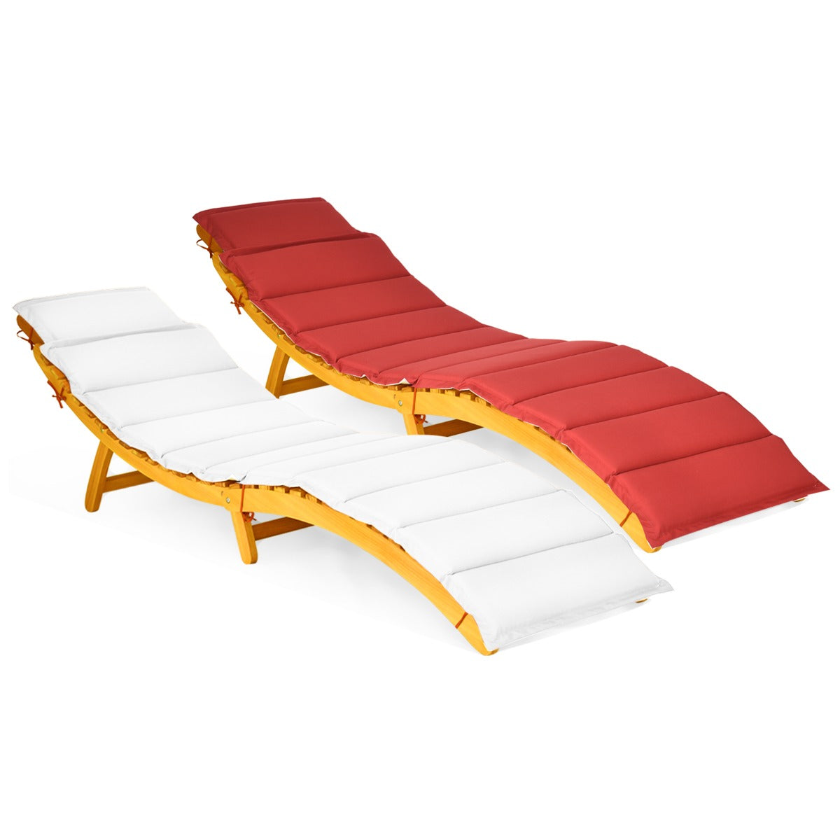 LIVSK Acaciahouten Ligstoel - Ergonomisch S-vormig - Omkeerbaar Kussen in Rood en Crème - Inklapbaar met Draaggreep - Naturel