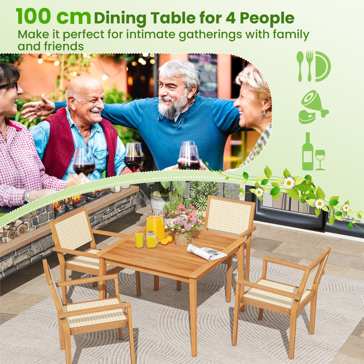 Livsk costway acaciahouten tuintafel voor 4 personen 100 x 100 cm vierkante eettafel voor buiten met 5 cm parasolgat voor tuinterras natuurlijk 5