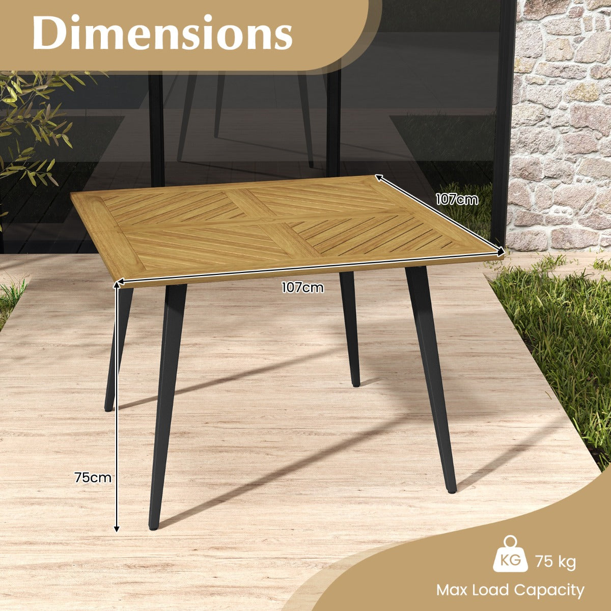 LIVSK Eettafel voor 4 Personen - Natuurlijk Acaciahout - Stabiel Metalen Frame - Parasolgat - Tot 75 kg - 107 x 107 x 75 cm -