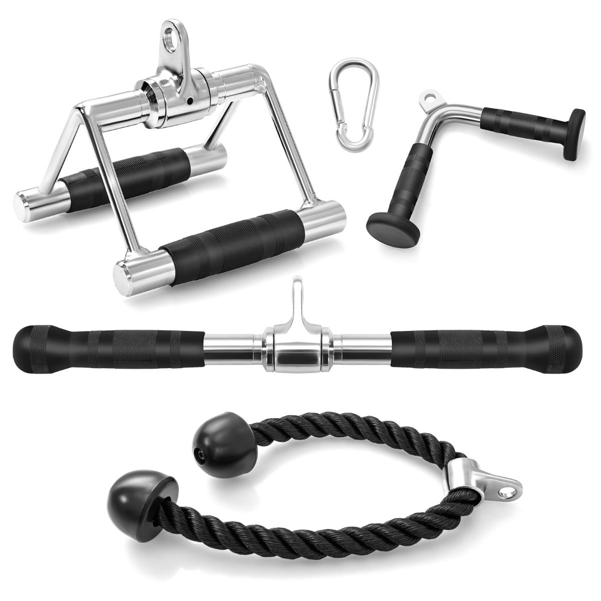 LIVSK Kabelmachine Accessoireset - V-handgreep - Dubbele D-handgreep - Roterende Stang - Triceps Touw - Zwart + Zilver