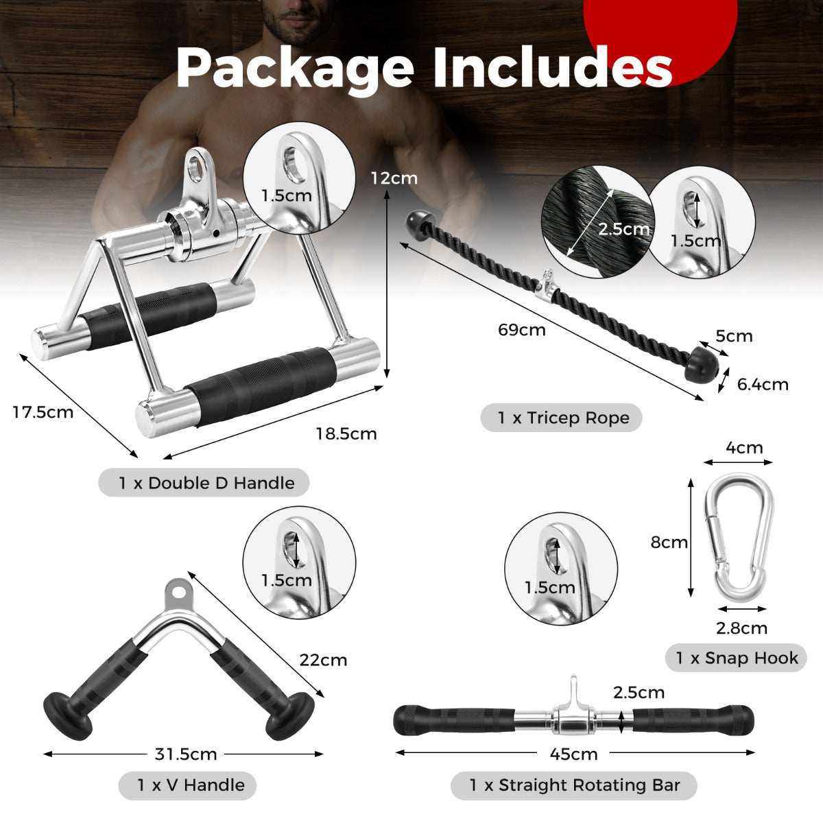 LIVSK Kabelmachine Accessoireset - V-handgreep - Dubbele D-handgreep - Roterende Stang - Triceps Touw - Zwart + Zilver