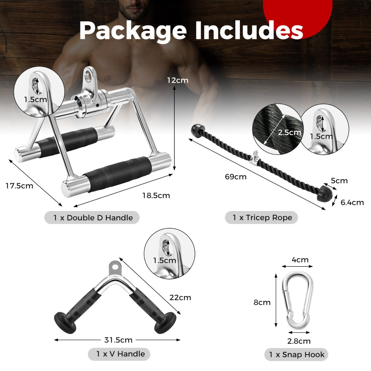 LIVSK Kabelmachine Accessoireset - V-Vormige Handgreep - Dubbele D-Handgreep - Triceps Touw - Duurzaam en Ergonomisch - Zwart +