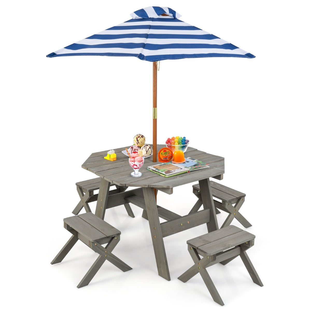 LIVSK 6-delige Kinderpicknicktafelset - Inclusief 4 Stoelen en Verstelbare Parasol - Veilig Dennenhout - Grijs
