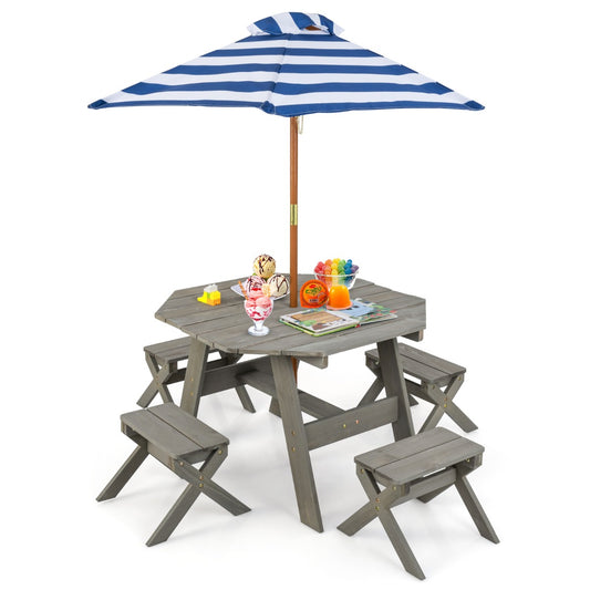 LIVSK 6-delige Kinderpicknicktafelset - Inclusief 4 Stoelen en Verstelbare Parasol - Veilig Dennenhout - Grijs