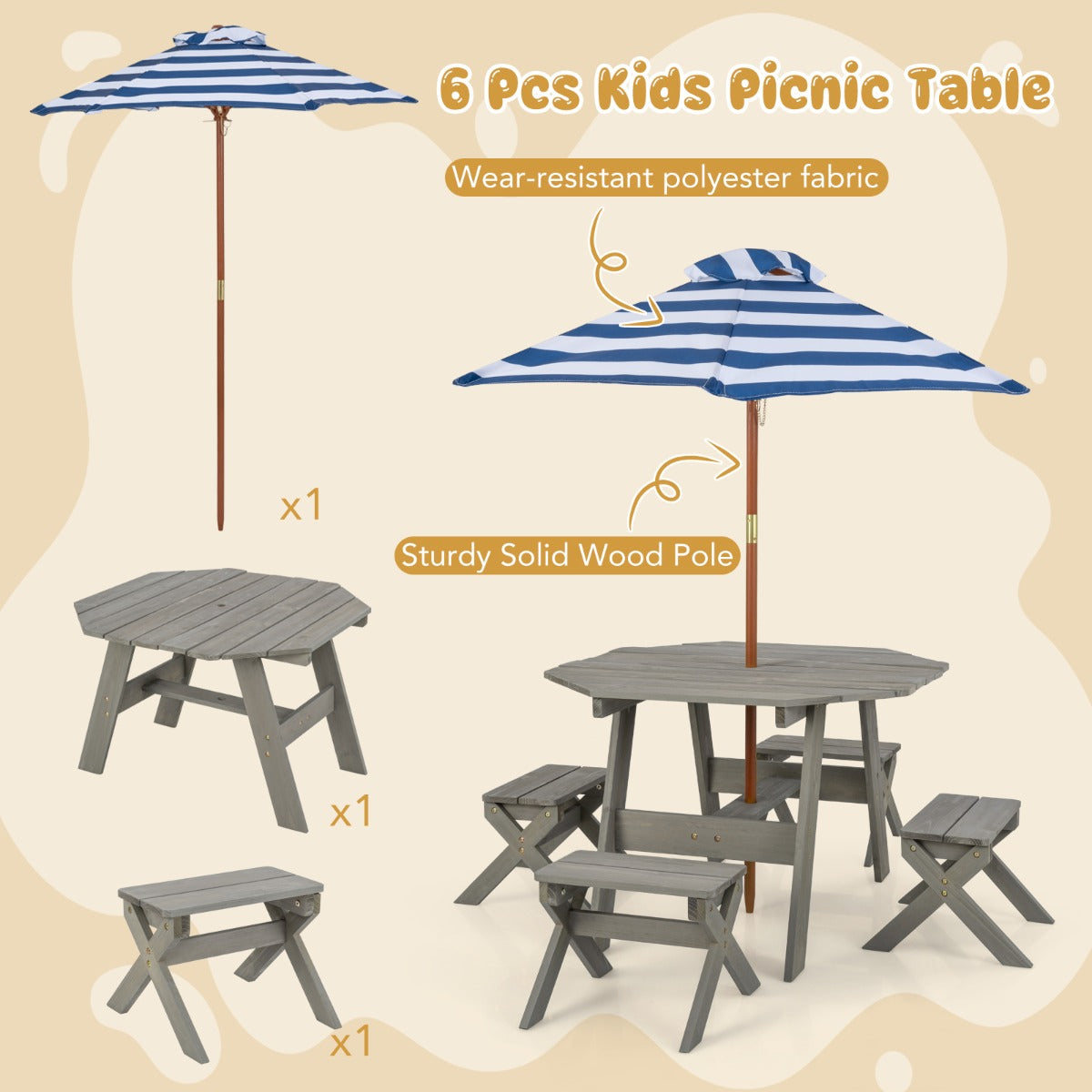 LIVSK 6-delige Kinderpicknicktafelset - Inclusief 4 Stoelen en Verstelbare Parasol - Veilig Dennenhout - Grijs
