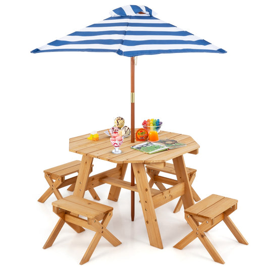 LIVSK Achthoekige Kinderpicknicktafelset - Inclusief Parasol en 4 Stoelen - Veilig Dennenhout - Zitplaatsen voor 4 - Natuur