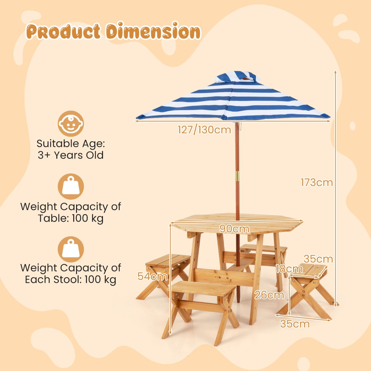 LIVSK Achthoekige Kinderpicknicktafelset - Inclusief Parasol en 4 Stoelen - Veilig Dennenhout - Zitplaatsen voor 4 - Natuur