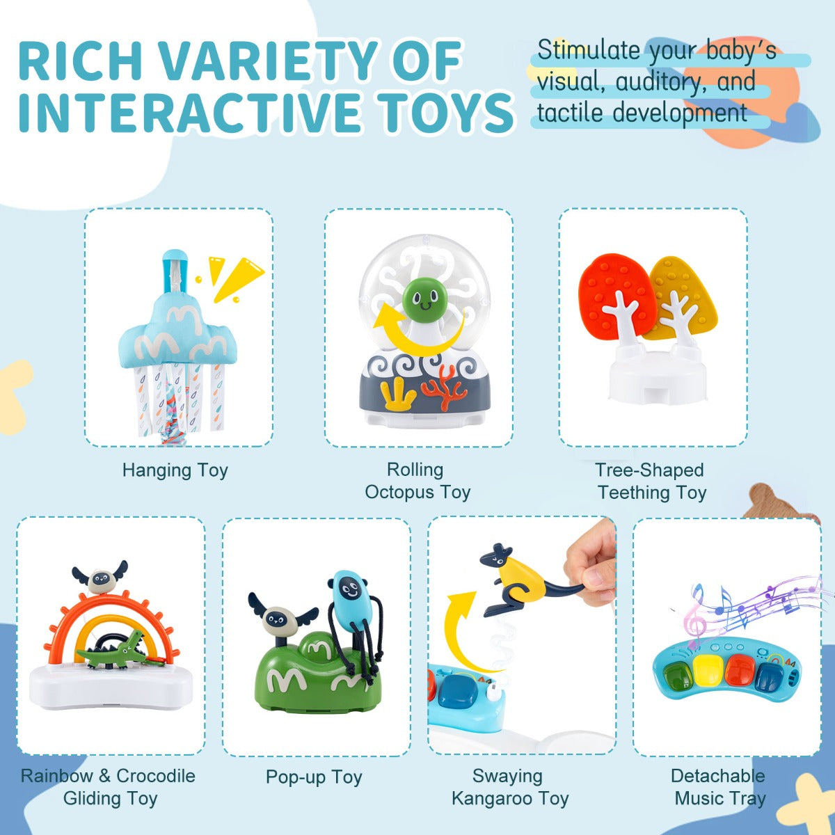 Livsk costway activiteitencentrum voor babys springstoeltje en wipstoeltje met 6 interactieve speeltjes in 3 standen verstelbaar en 360 draaibaar speelblad blauw 6