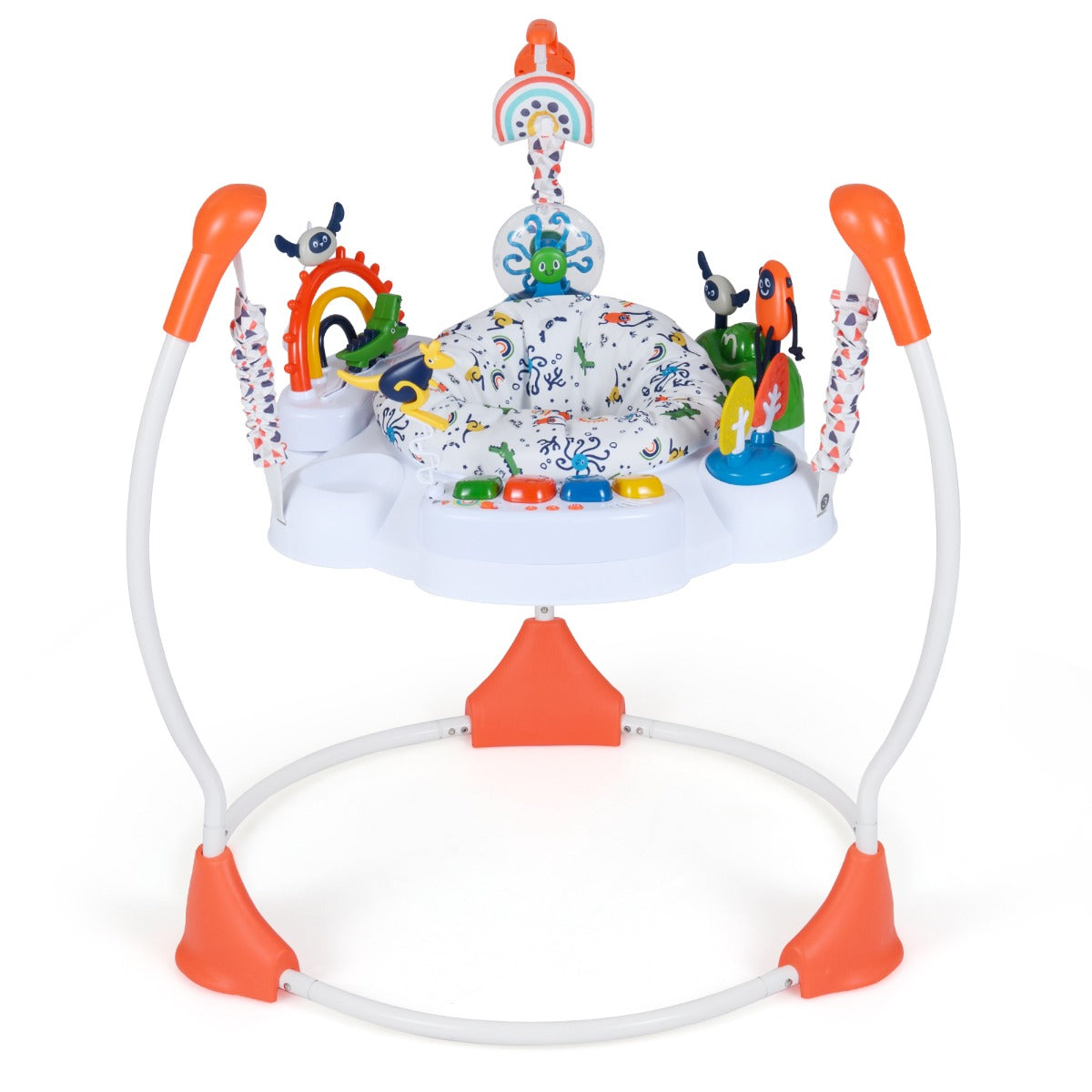 Livsk costway activiteitencentrum voor babys springstoeltje en wipstoeltje met 6 interactieve speeltjes in 3 standen verstelbaar en 360 draaibaar speelblad oranje