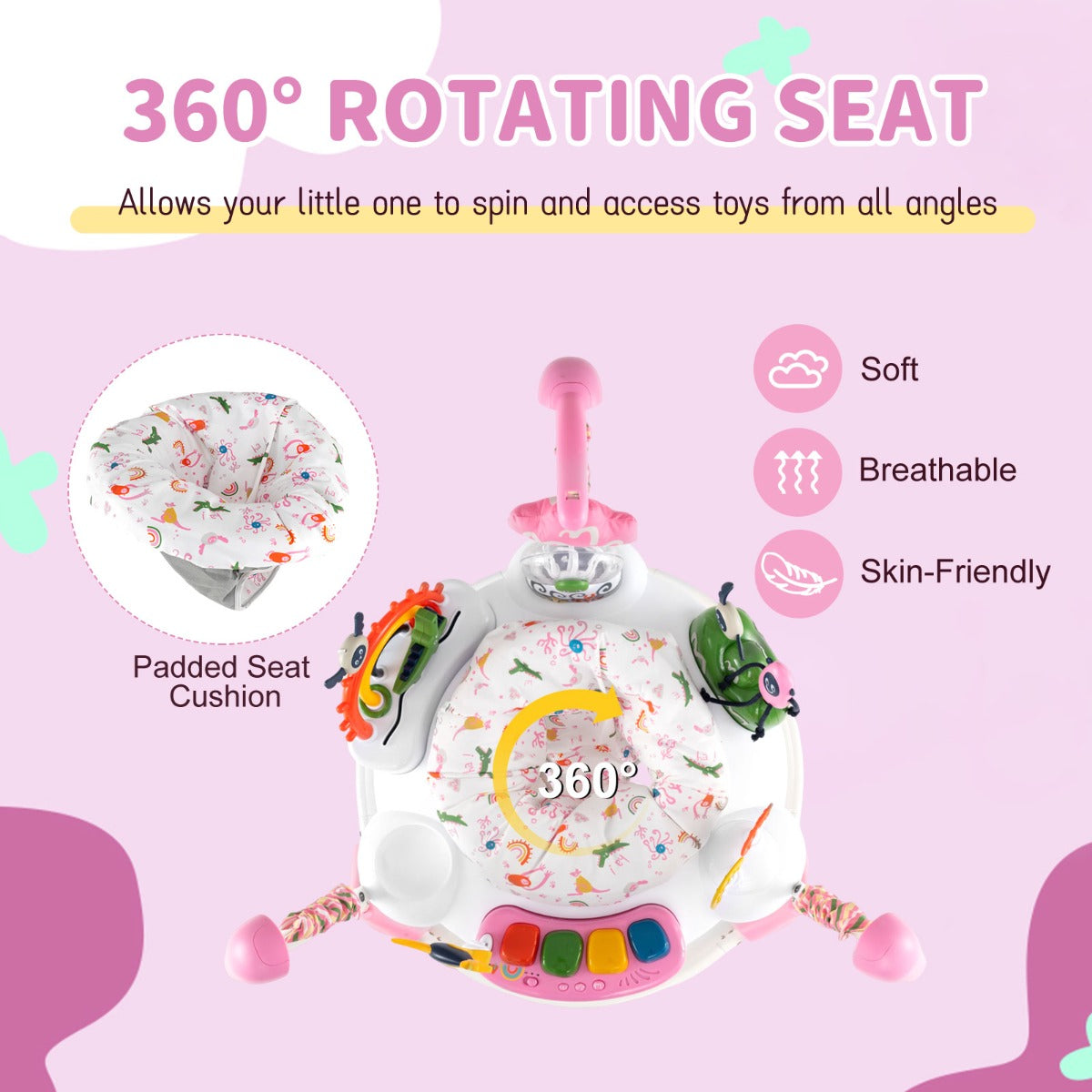 Livsk costway activiteitencentrum voor babys springstoeltje en wipstoeltje met 6 interactieve speeltjes in 3 standen verstelbaar en 360 draaibaar speelblad roze 5
