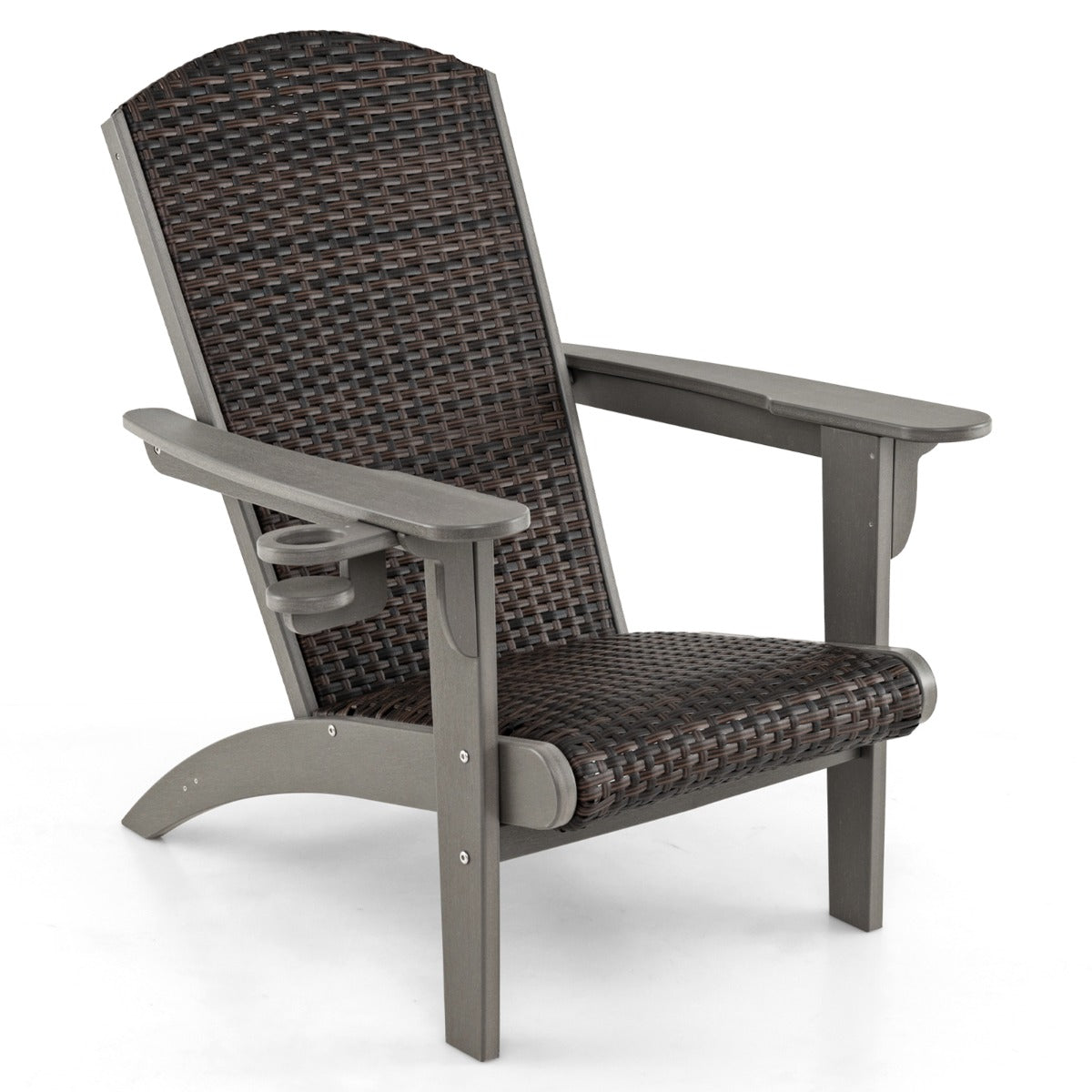 LIVSK Adirondack Tuinstoel - HDPE Structuur - Gevoerde Rotan Zitting - Draaibare Bekerhouder - 92 x 76 x 100 cm - Gemengd bruin