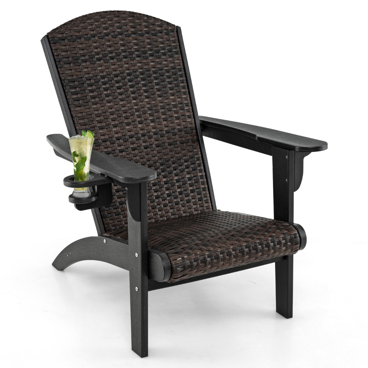 LIVSK Adirondack Tuinstoel - Gevoerde Rotanzitting - Draaibare Bekerhouder - HDPE-constructie - Tot 150 kg - Gemengd