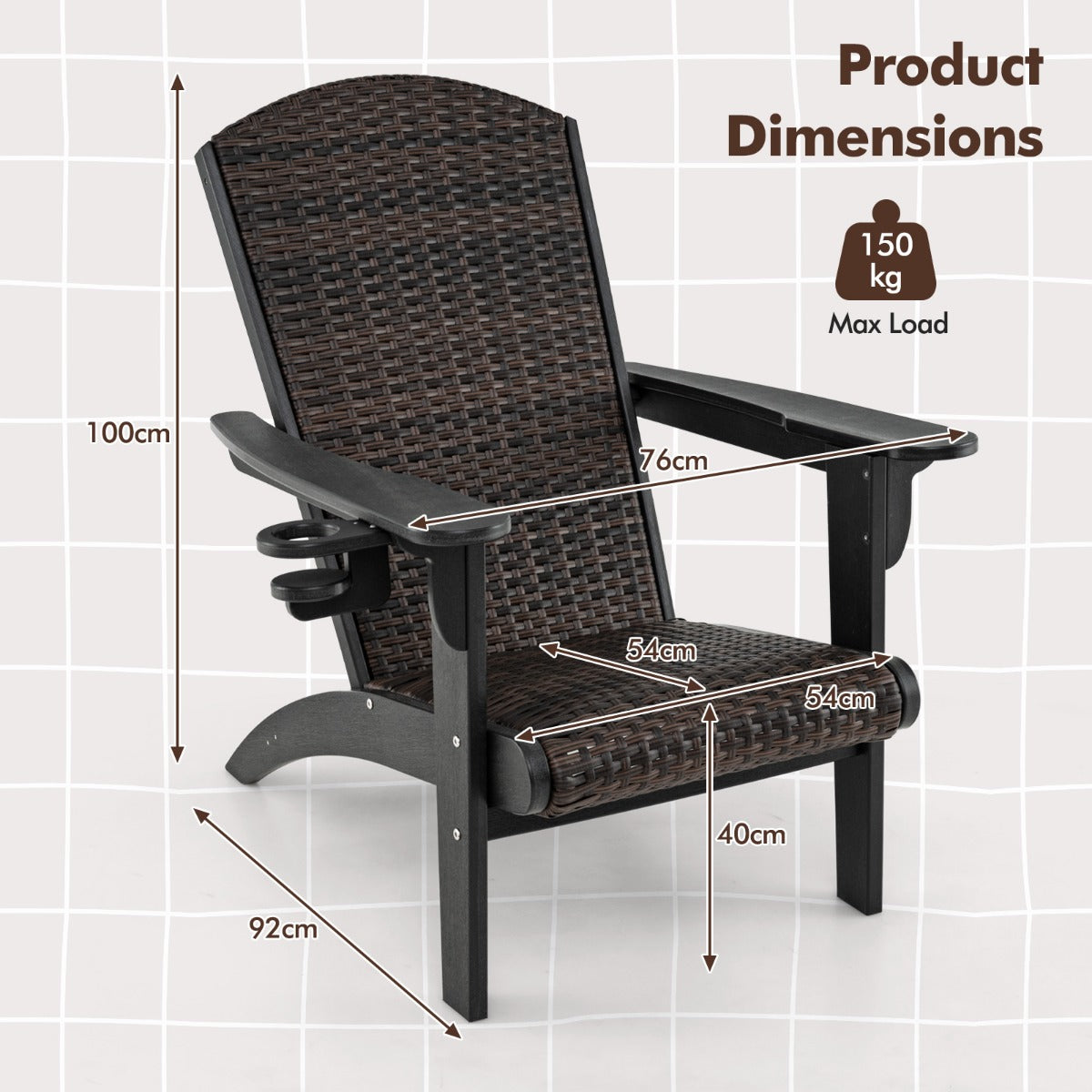 LIVSK Adirondack Tuinstoel - Gevoerde Rotanzitting - Draaibare Bekerhouder - HDPE-constructie - Tot 150 kg - Gemengd