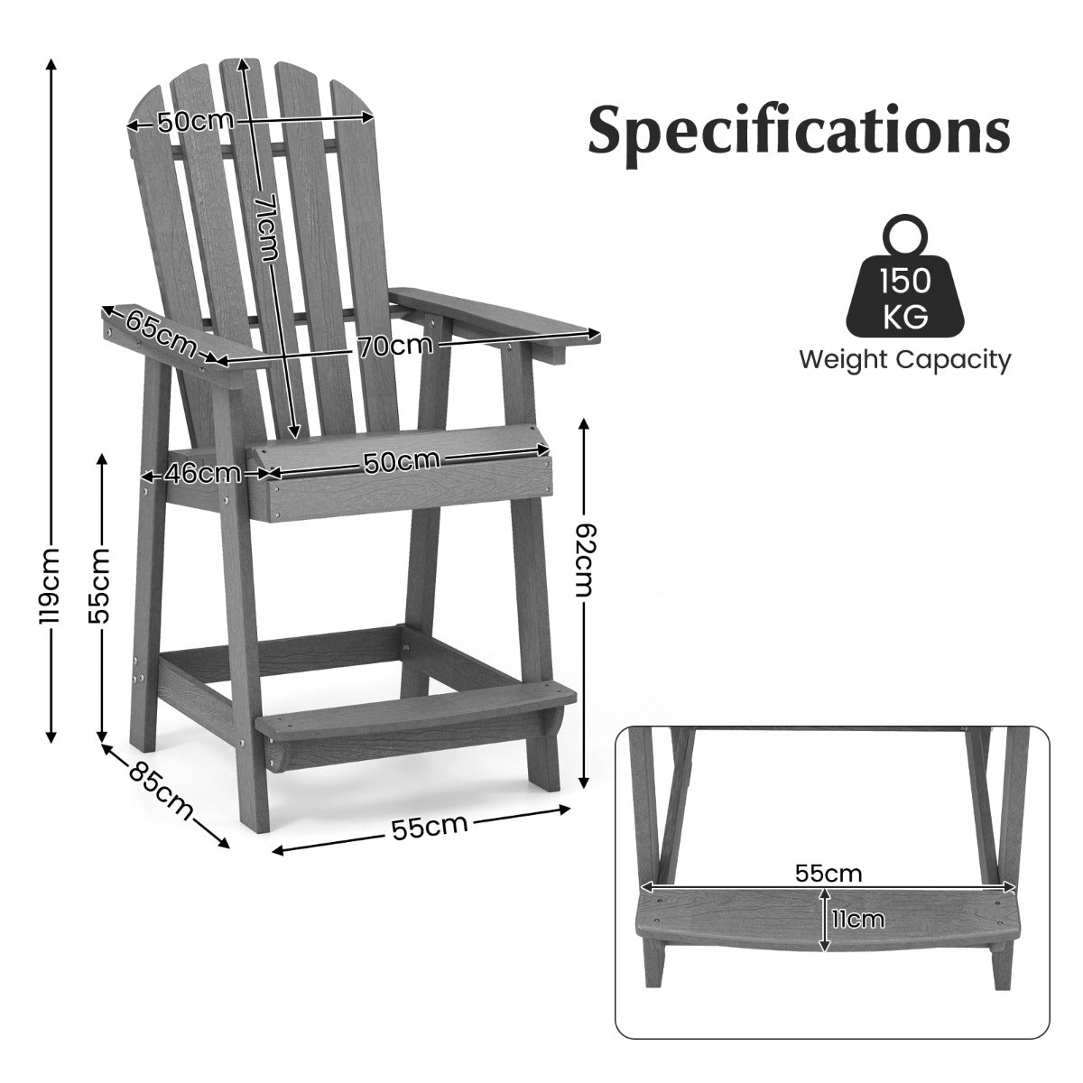 LIVSK Adirondack-barstoel - Weerbestendig en Ergonomisch - HDPE - Tot 150 kg - Voor Binnen en Buiten - Grijs