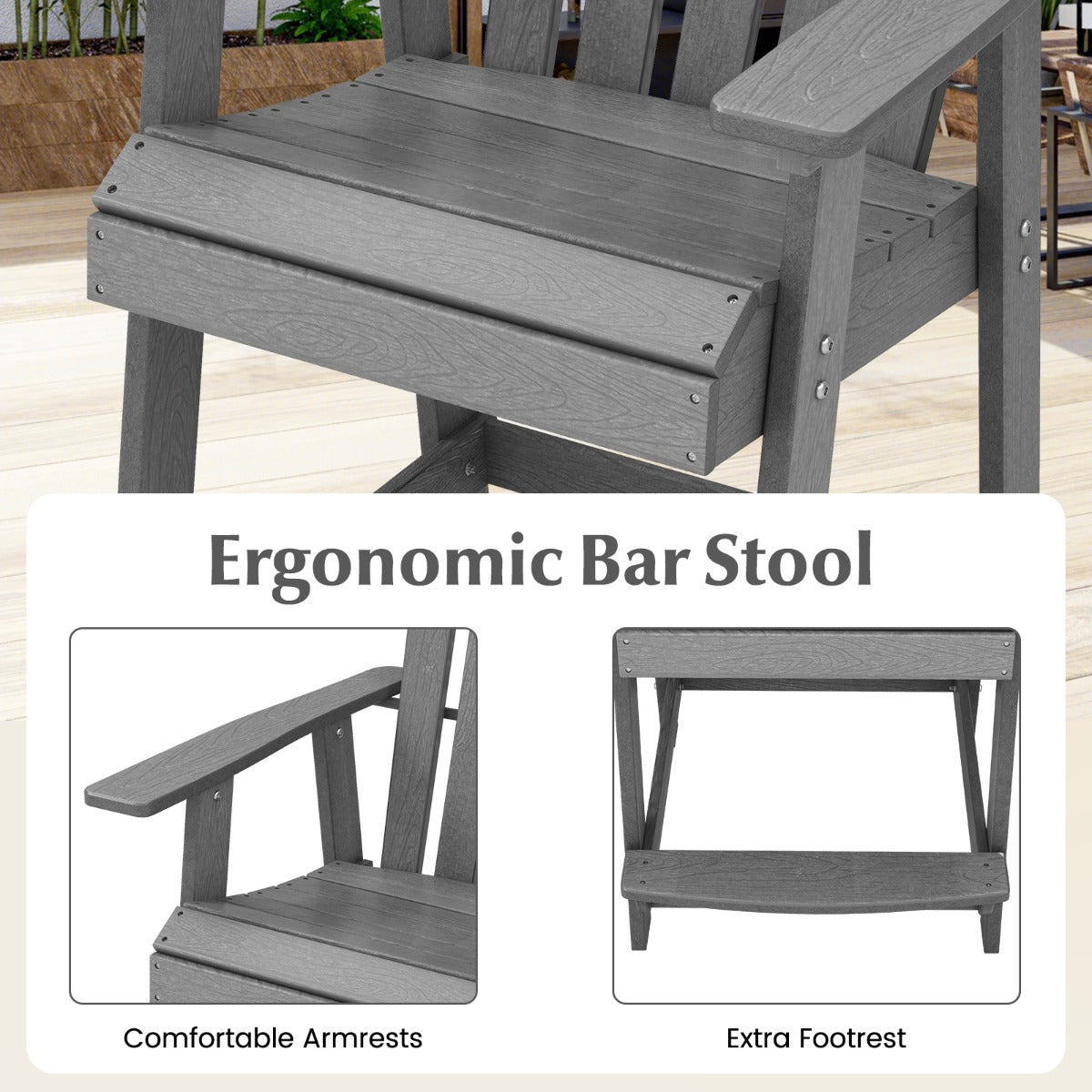 LIVSK Adirondack-barstoel - Weerbestendig en Ergonomisch - HDPE - Tot 150 kg - Voor Binnen en Buiten - Grijs