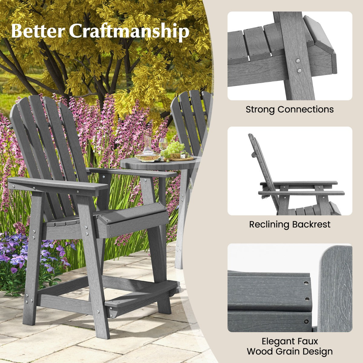 LIVSK Adirondack-barstoel - Weerbestendig en Ergonomisch - HDPE - Tot 150 kg - Voor Binnen en Buiten - Grijs