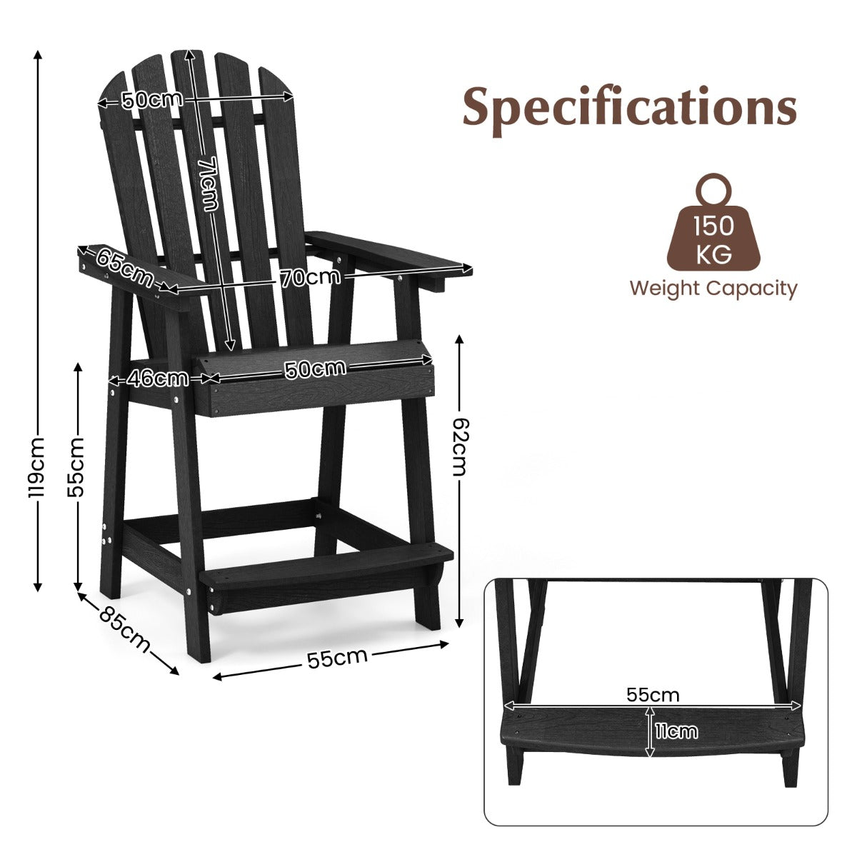 LIVSK Adirondack-barstoel - Weerbestendig HDPE - Ergonomisch met Armleuningen en Voetsteun - Tot 150 kg - Zwart