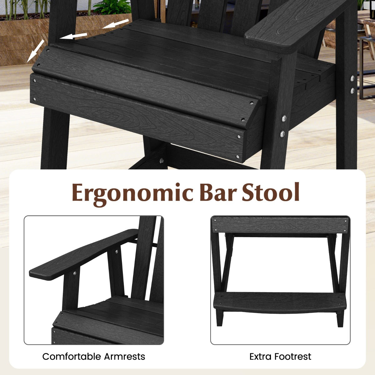 LIVSK Adirondack-barstoel - Weerbestendig HDPE - Ergonomisch met Armleuningen en Voetsteun - Tot 150 kg - Zwart